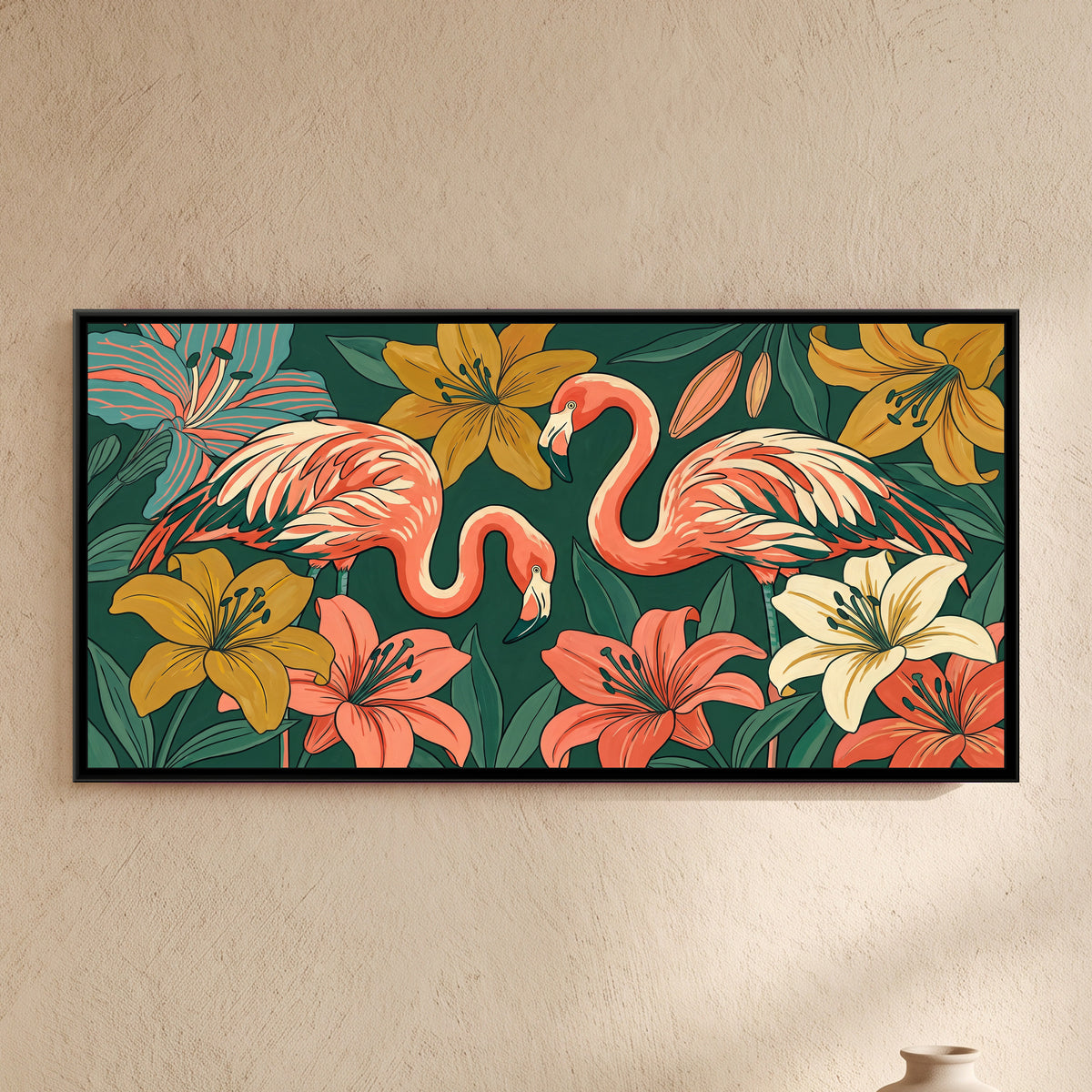 Flamingos among Giant Lilies in Teal and Coral - framed canvas art hung on a wall