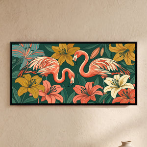 View 1 of Flamingos among Giant Lilies in Teal and Coral