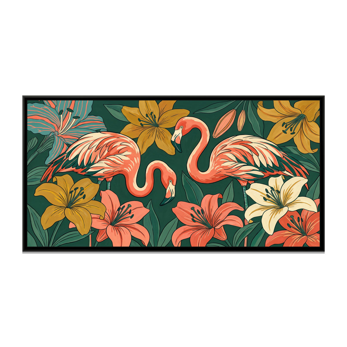 Flamingos among Giant Lilies in Teal and Coral - framed canvas print, front view