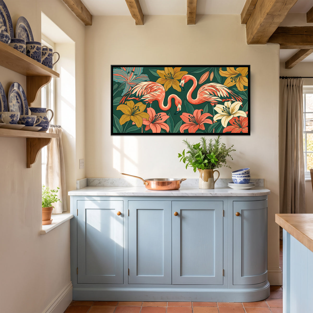 Flamingos among Giant Lilies in Teal and Coral - canvas art shown in a styled room