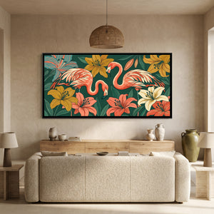 View 4 of Flamingos among Giant Lilies in Teal and Coral