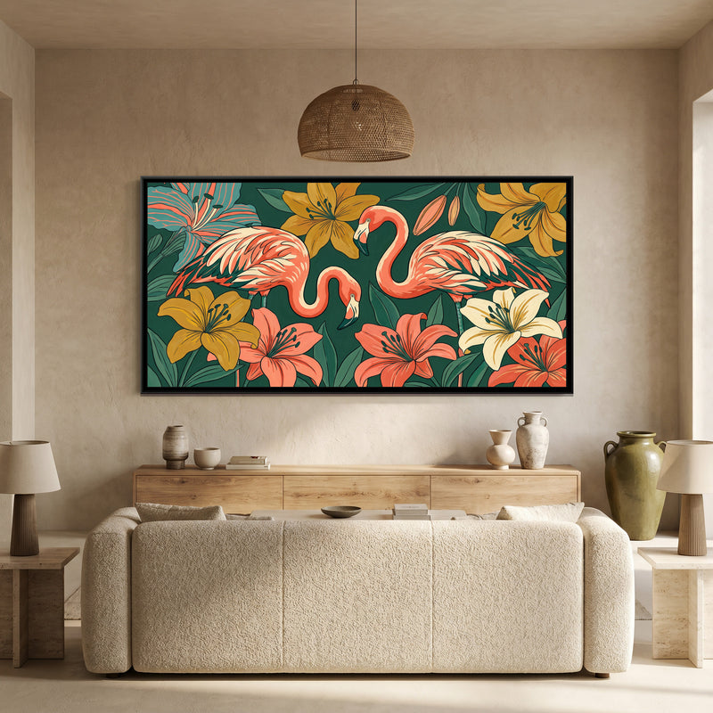 Flamingos among Giant Lilies in Teal and Coral - canvas art shown in a second room setting