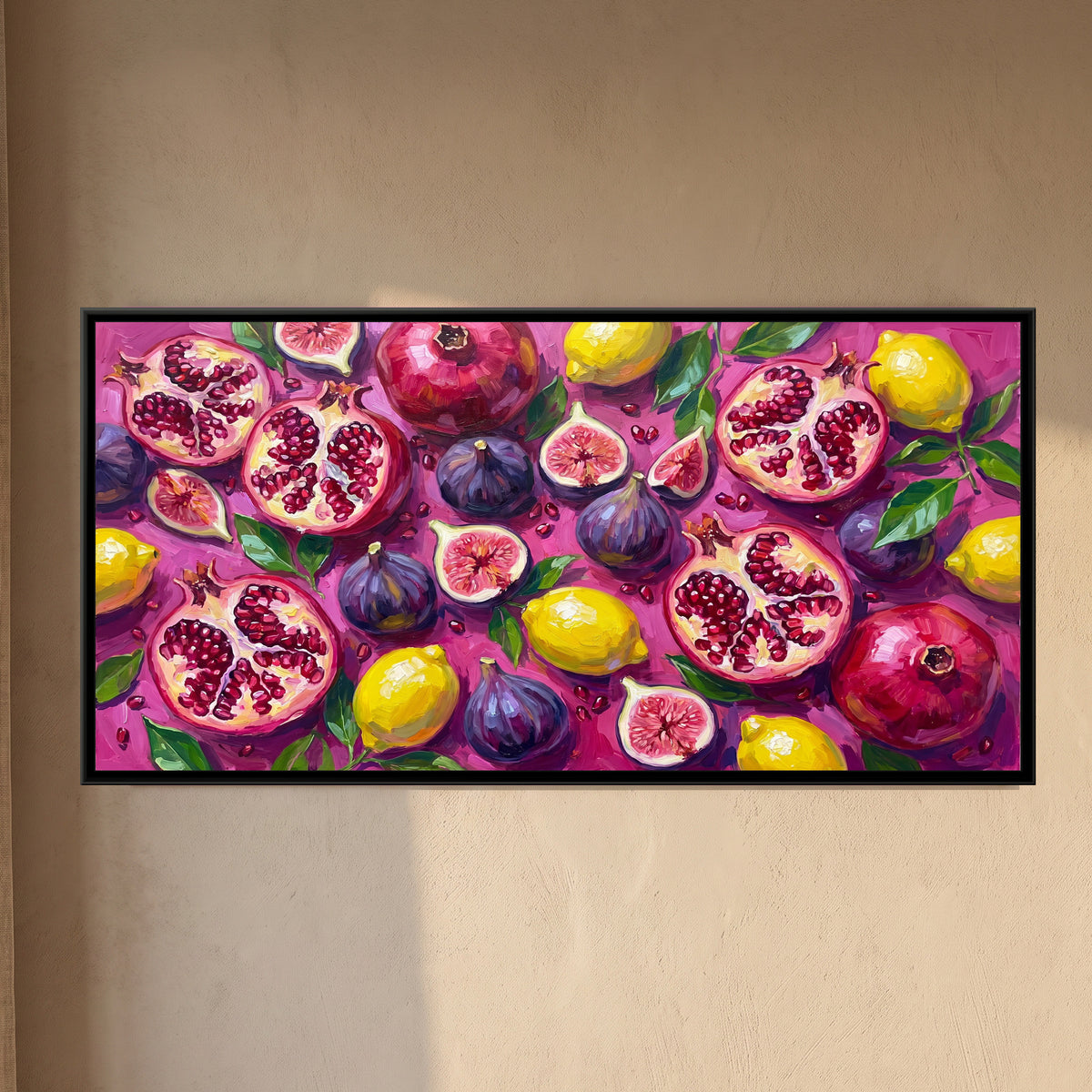 Pomegranates and Figs on Magenta - framed canvas art hung on a wall