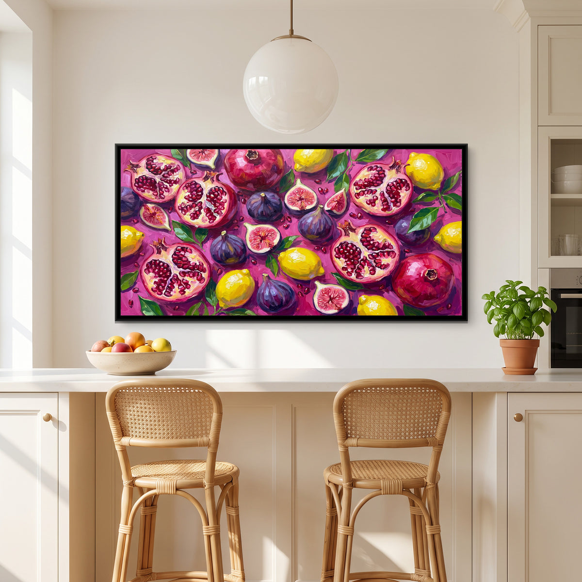 Pomegranates and Figs on Magenta - canvas art shown in a second room setting