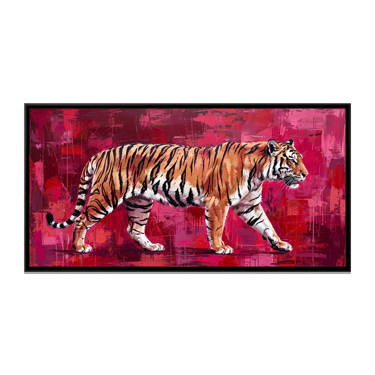 Tiger on a Crimson Textured Ground - framed canvas print, front view