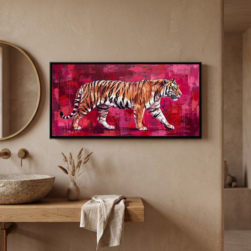 Tiger on a Crimson Textured Ground - canvas art shown in a second room setting