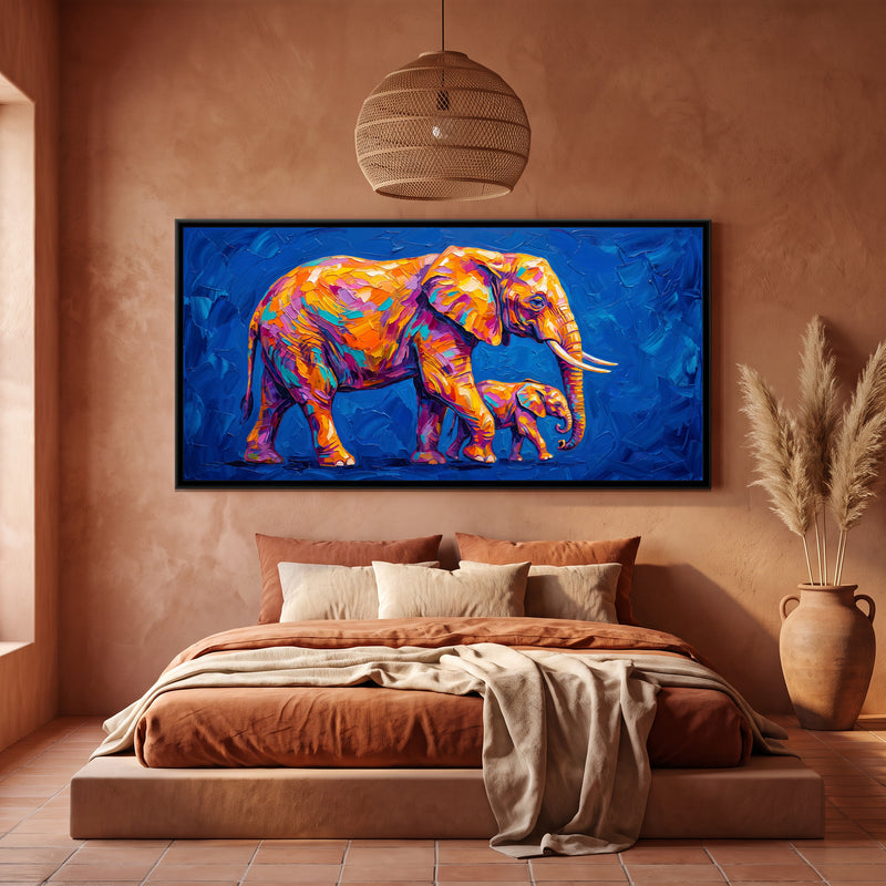 Elephant Mother and Calf in Prismatic Colour - canvas art shown in a second room setting
