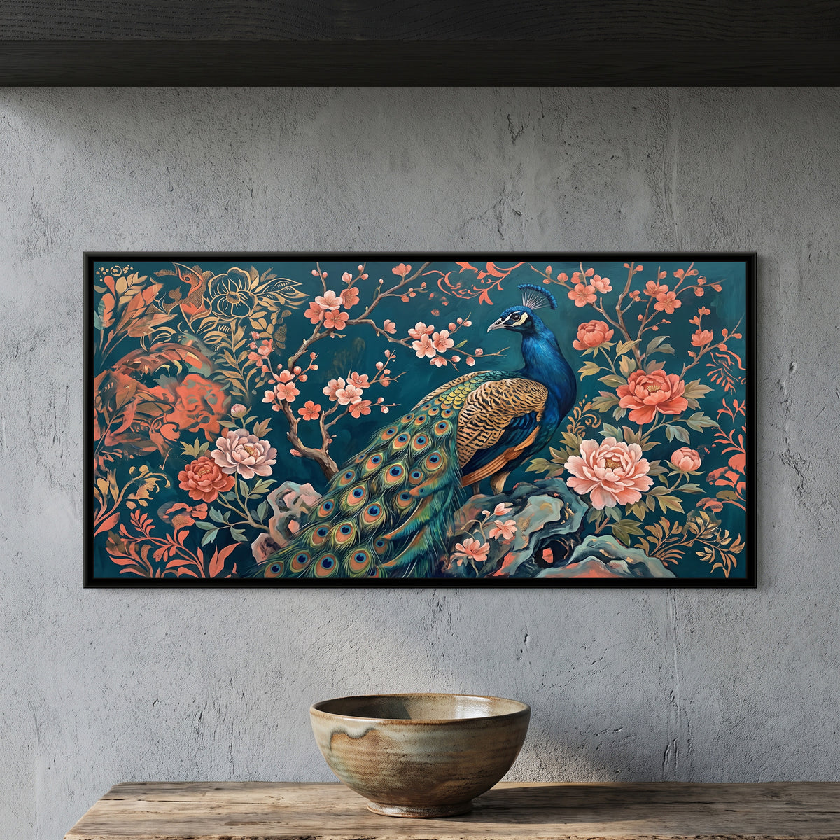 Peacock in a Chinoiserie Garden on Deep Teal - framed canvas art hung on a wall