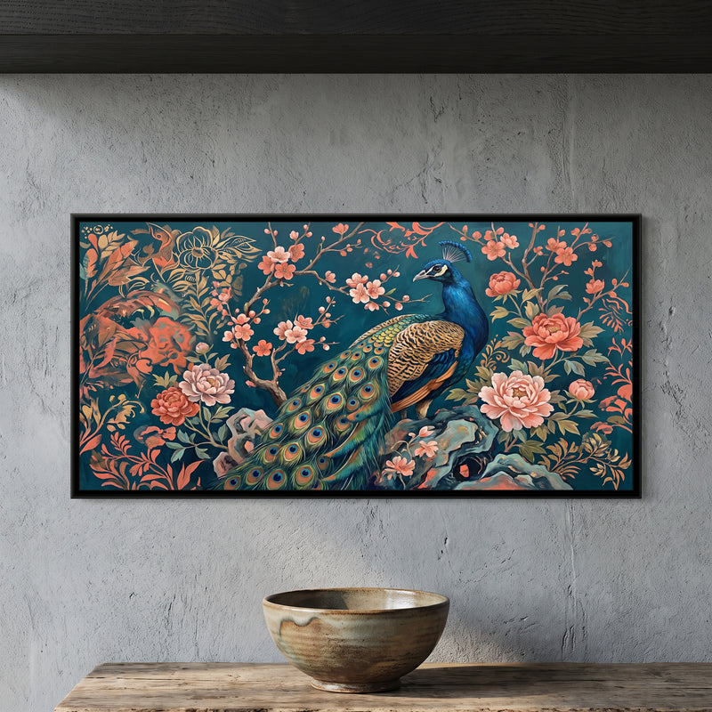 Peacock in a Chinoiserie Garden on Deep Teal - framed canvas art hung on a wall