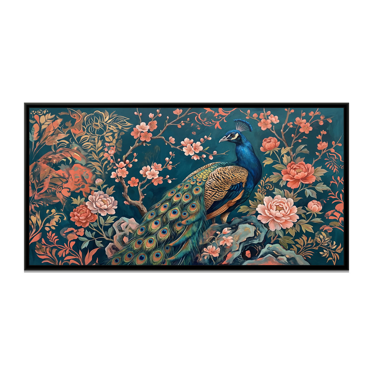 Peacock in a Chinoiserie Garden on Deep Teal - framed canvas print, front view