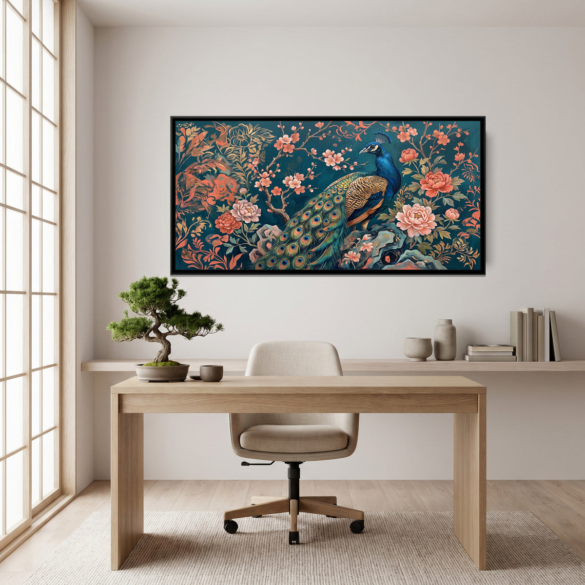 Peacock in a Chinoiserie Garden on Deep Teal - canvas art shown in a styled room