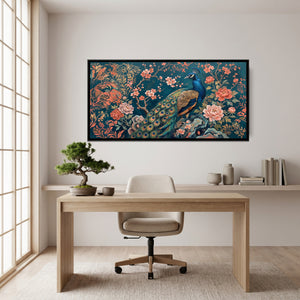 View 3 of Peacock in a Chinoiserie Garden on Deep Teal