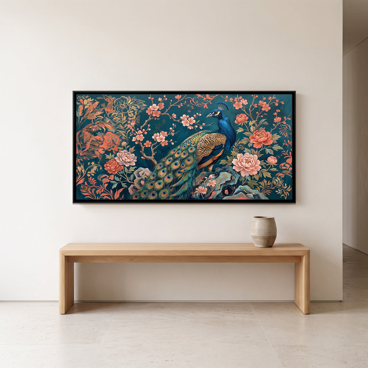 Peacock in a Chinoiserie Garden on Deep Teal - canvas art shown in a second room setting