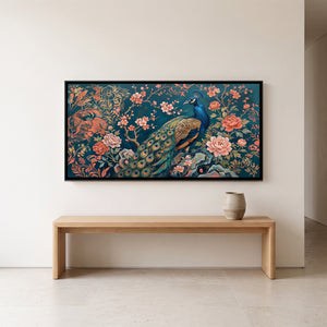 View 4 of Peacock in a Chinoiserie Garden on Deep Teal