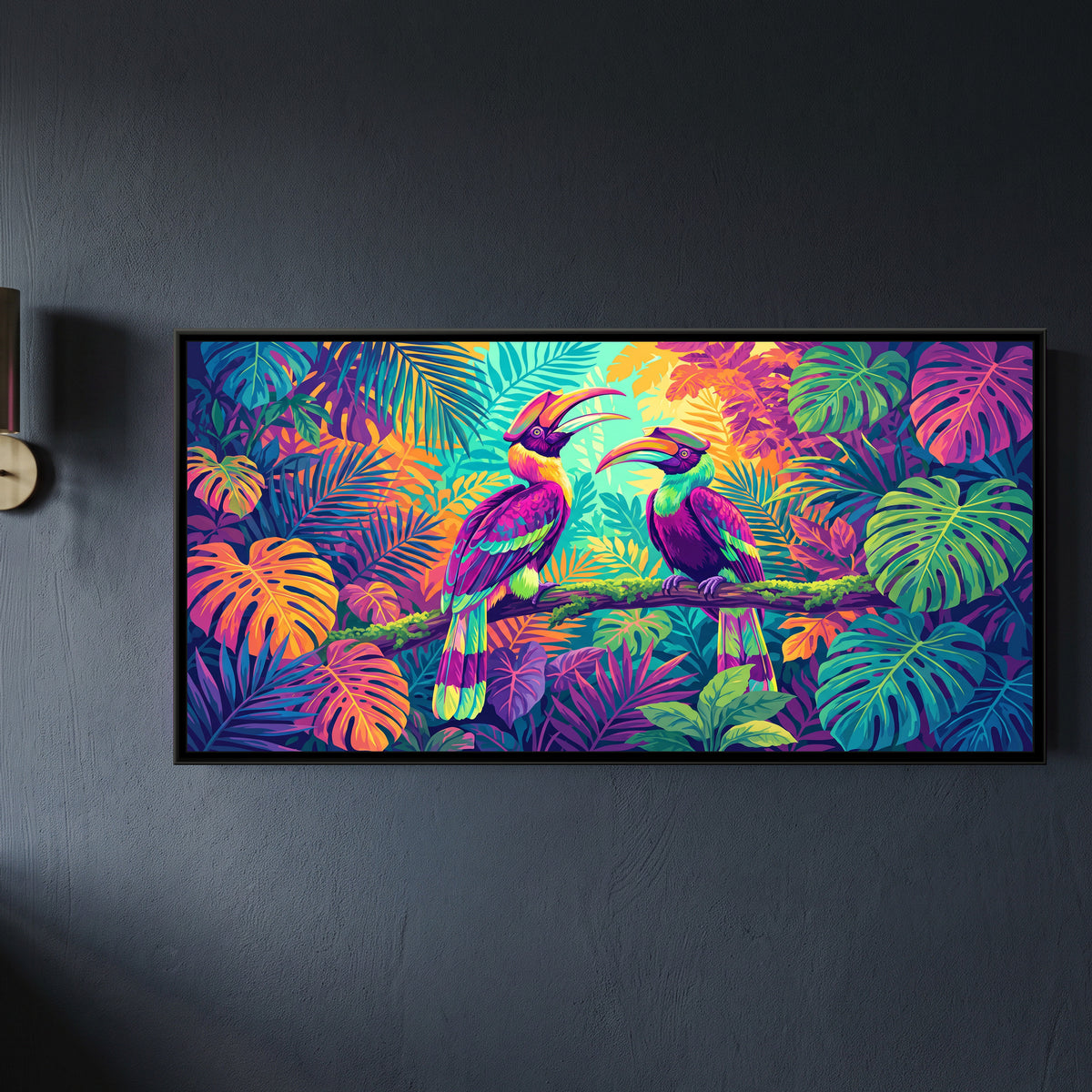 Hornbills in a Neon Jungle - framed canvas art hung on a wall