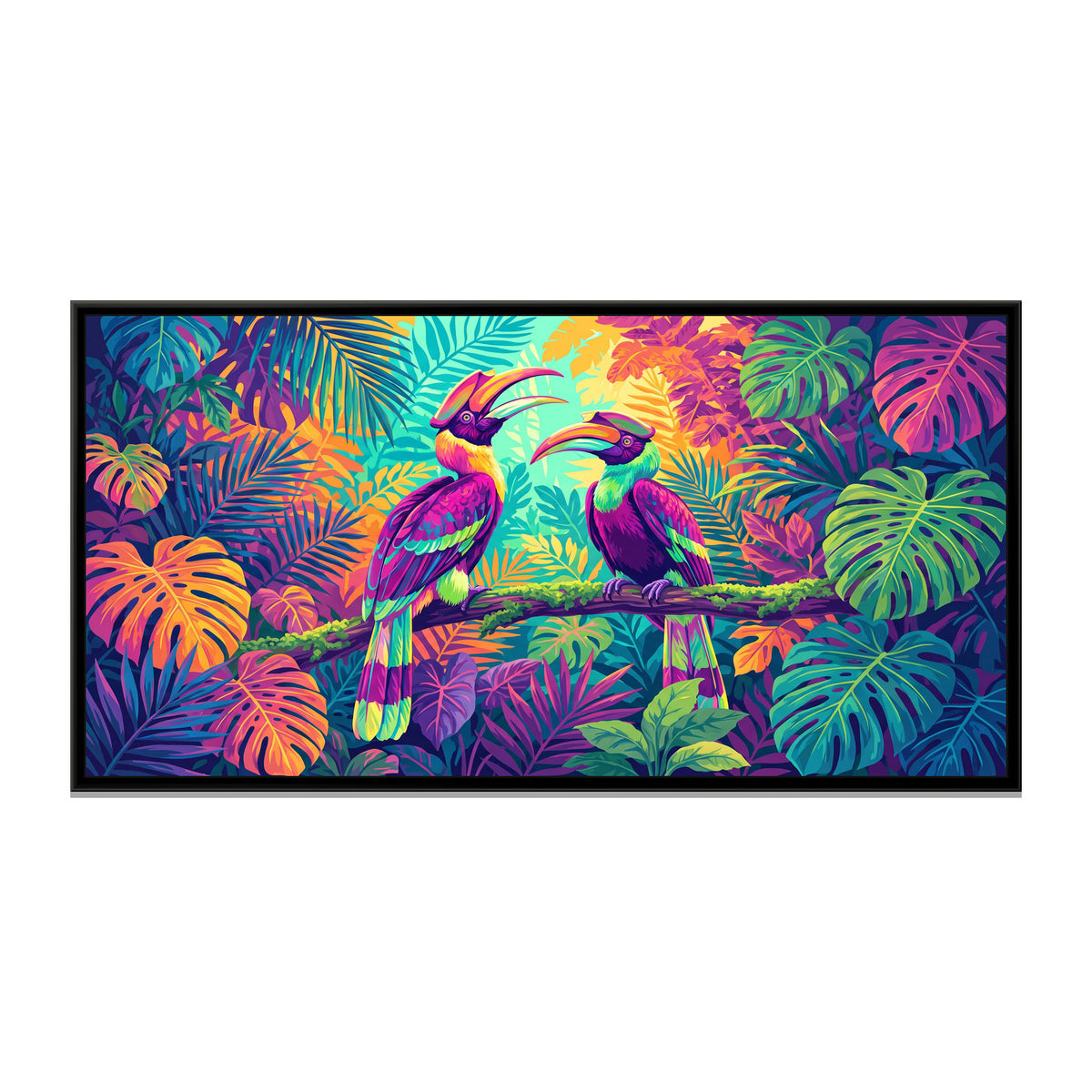 Hornbills in a Neon Jungle - framed canvas print, front view