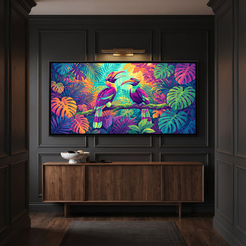 Hornbills in a Neon Jungle - canvas art shown in a styled room