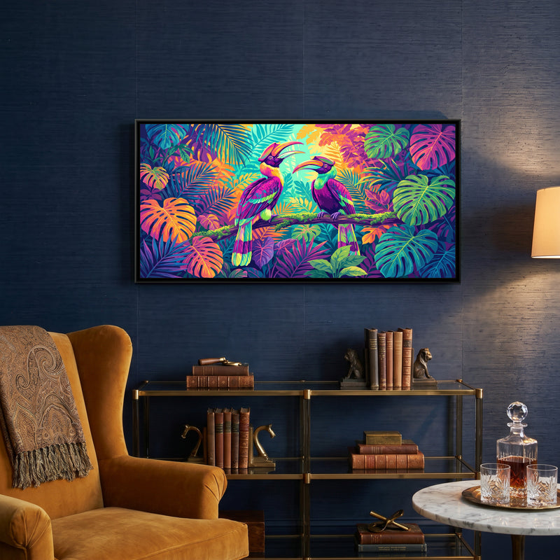 Hornbills in a Neon Jungle - canvas art shown in a second room setting