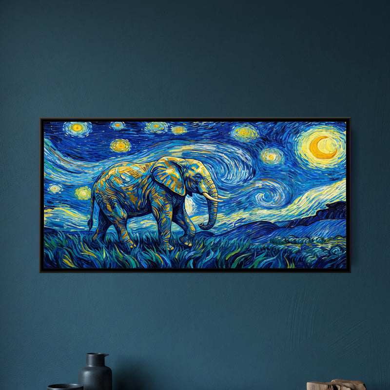 Elephant under a Swirling Starry Sky - framed canvas art hung on a wall