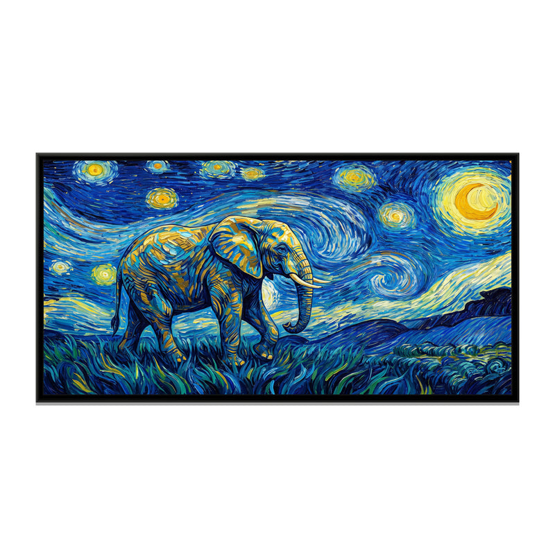 Elephant under a Swirling Starry Sky - framed canvas print, front view