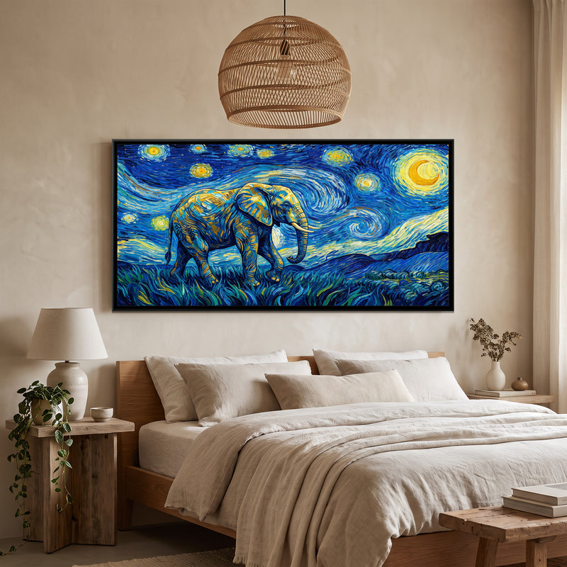 Elephant under a Swirling Starry Sky - canvas art shown in a second room setting