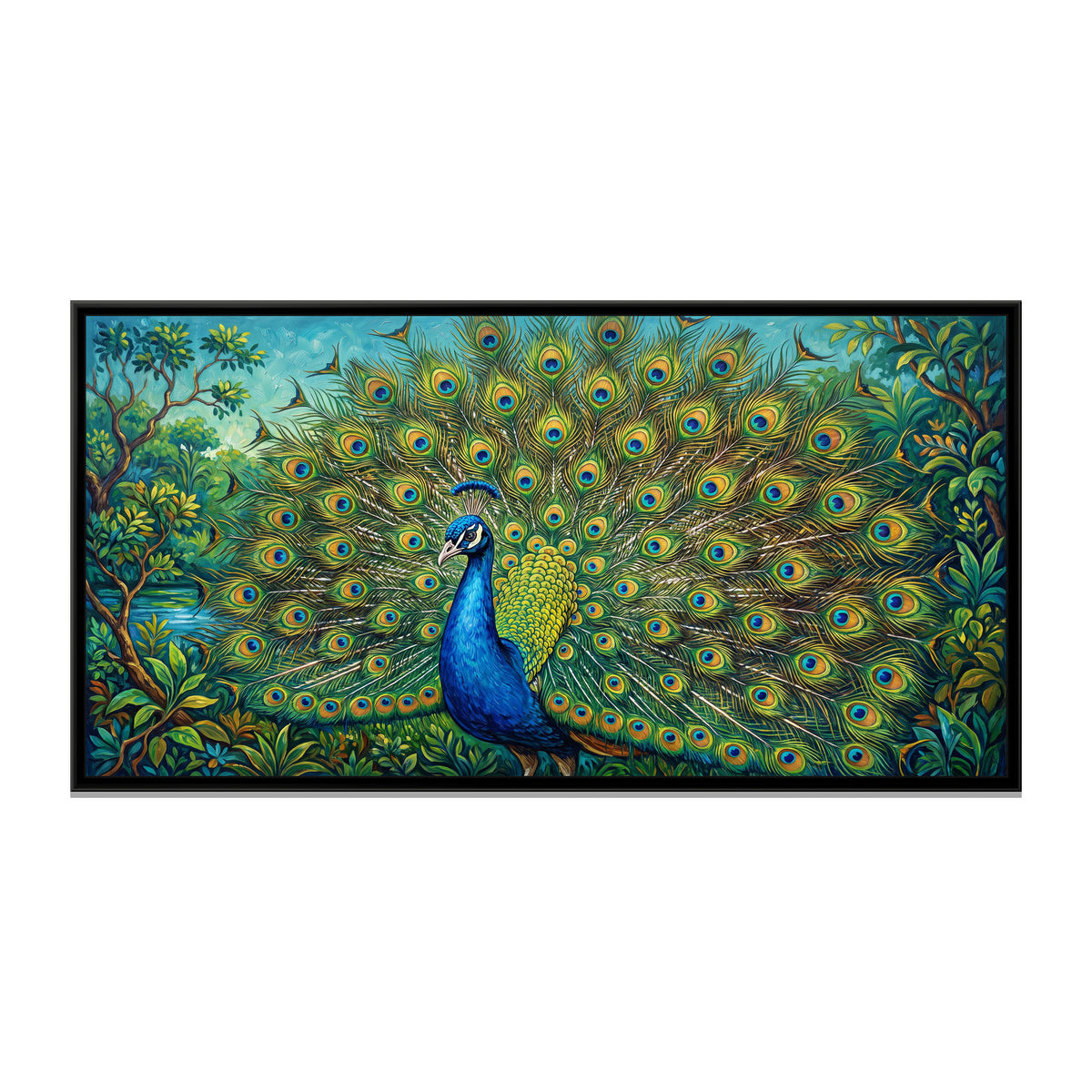Peacock in Full Fan - framed canvas print, front view