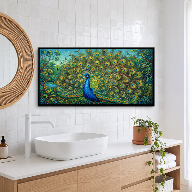 Peacock in Full Fan - canvas art shown in a styled room