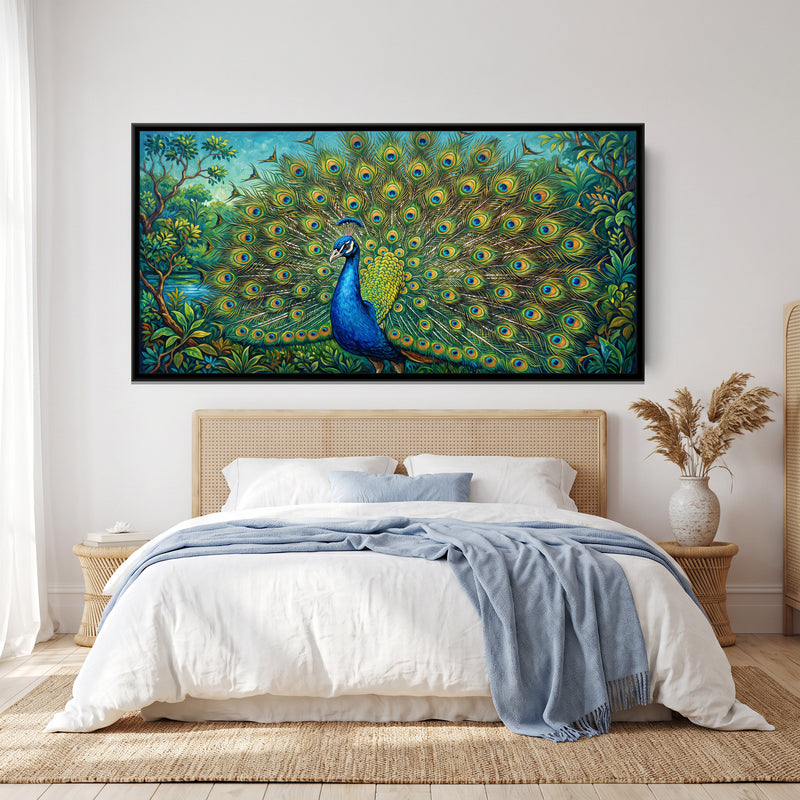 Peacock in Full Fan - canvas art shown in a second room setting