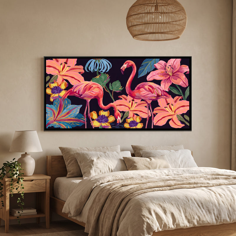 Flamingos among Giant Lilies - canvas art shown in a styled room
