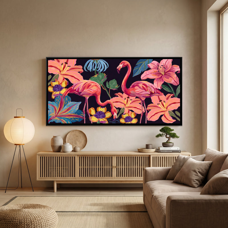 Flamingos among Giant Lilies - canvas art shown in a second room setting