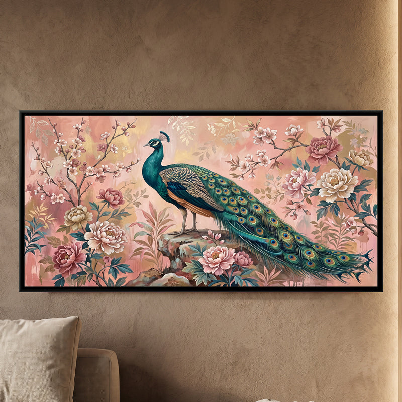 Peacock in a Chinoiserie Garden - framed canvas art hung on a wall