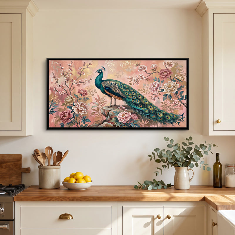 Peacock in a Chinoiserie Garden - canvas art shown in a styled room
