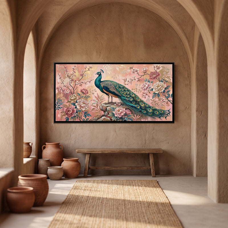 Peacock in a Chinoiserie Garden - canvas art shown in a second room setting