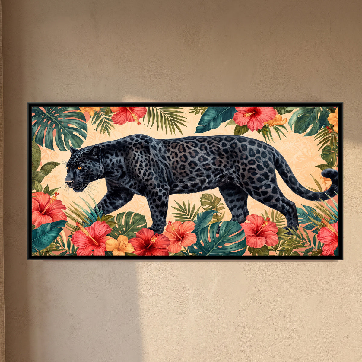 Black Panther Stalking through Hibiscus - framed canvas art hung on a wall