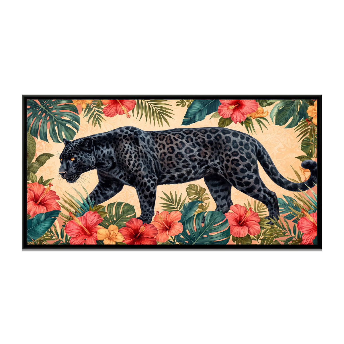 Black Panther Stalking through Hibiscus - framed canvas print, front view