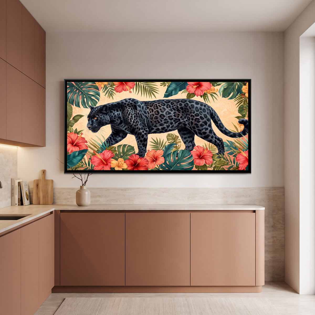 Black Panther Stalking through Hibiscus - canvas art shown in a second room setting