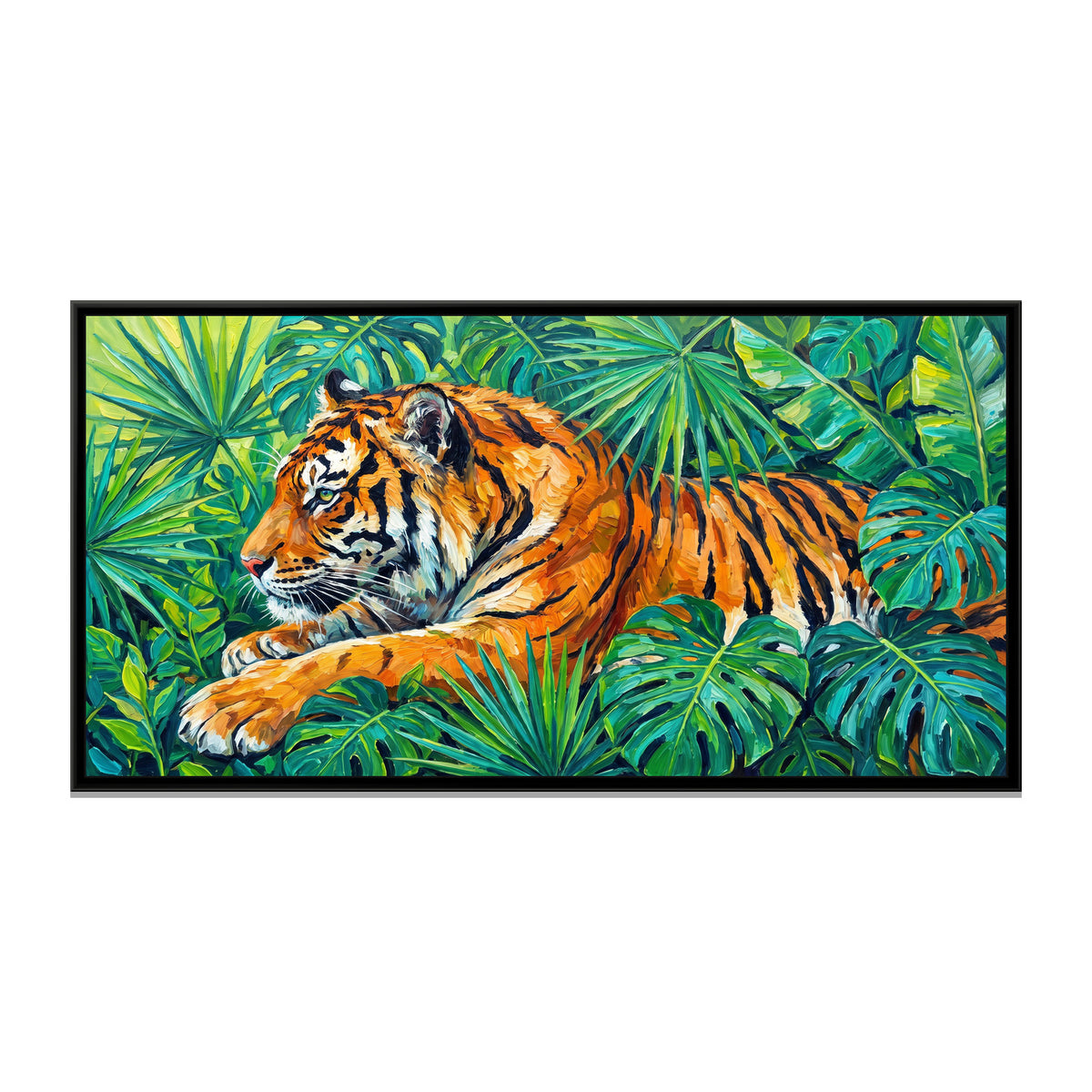 Tiger Resting in Tropical Leaves - framed canvas print, front view