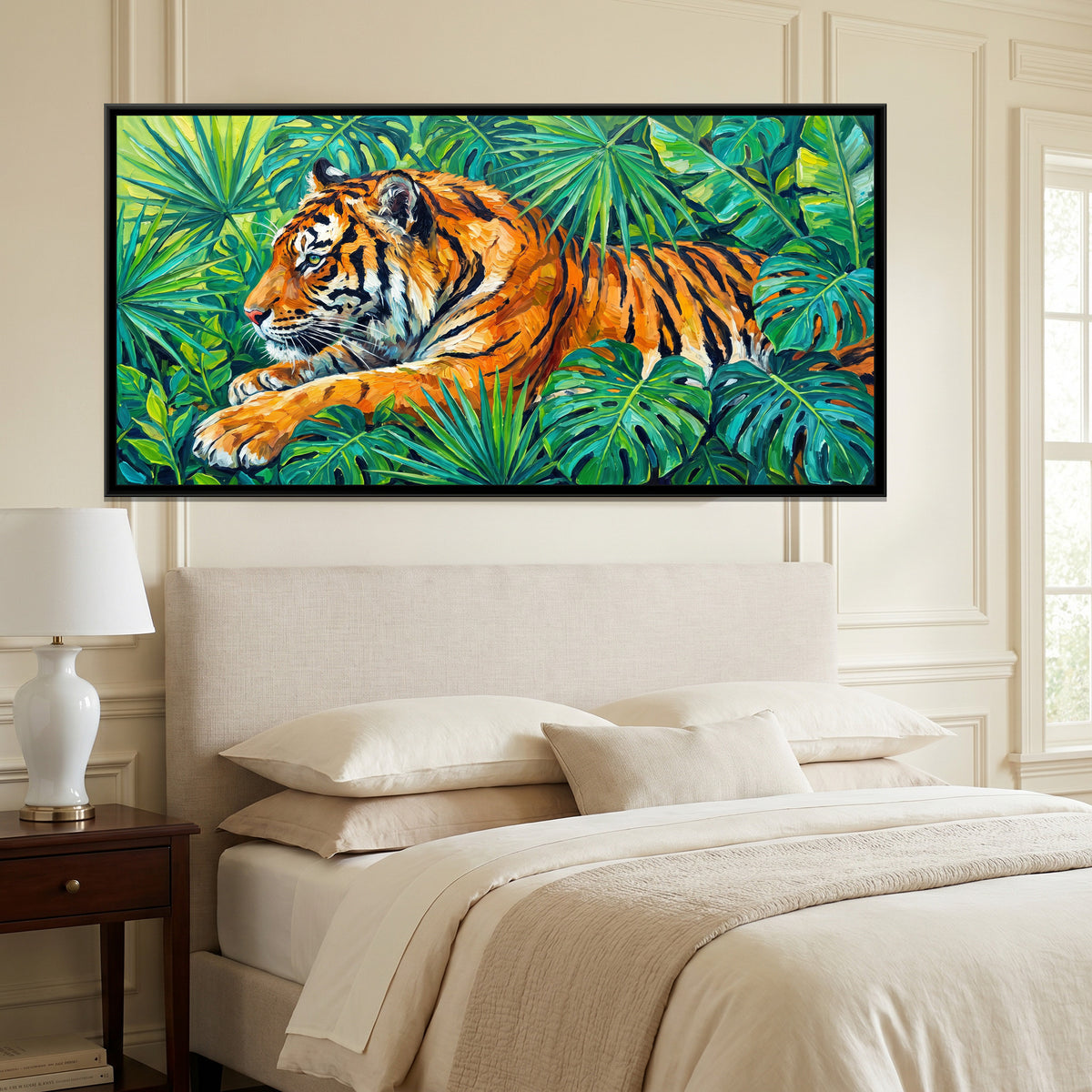 Tiger Resting in Tropical Leaves - canvas art shown in a styled room