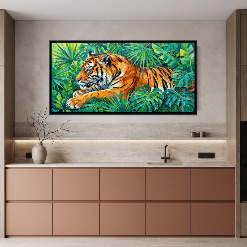 Tiger Resting in Tropical Leaves - canvas art shown in a second room setting