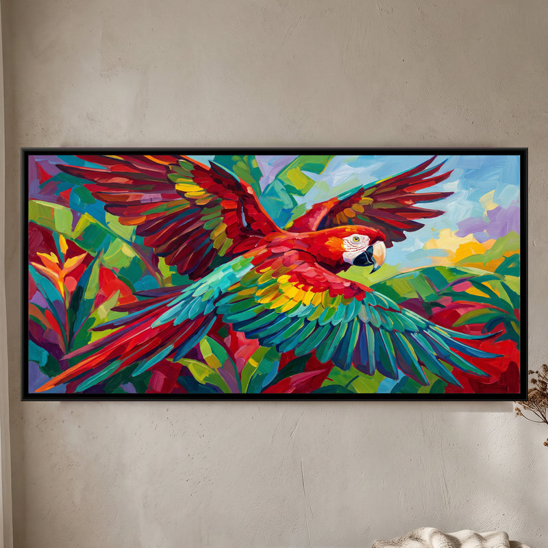 Scarlet Macaw in Flight in Bold Colour - framed canvas art hung on a wall