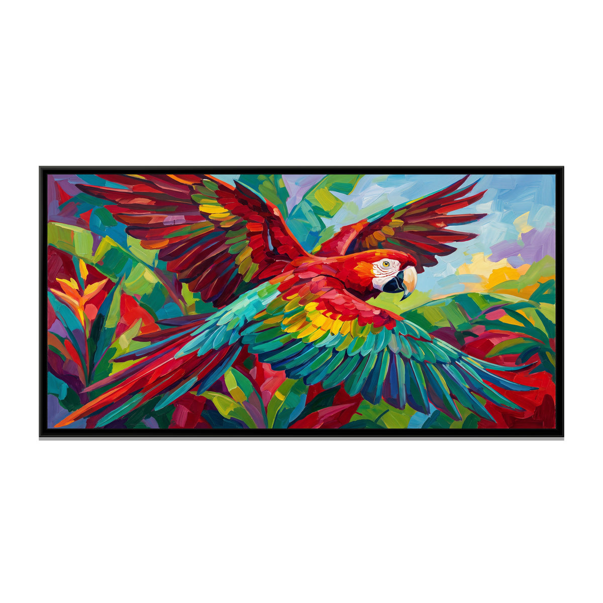 Scarlet Macaw in Flight in Bold Colour - framed canvas print, front view