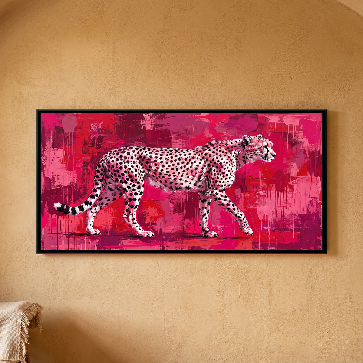 Cheetah Walking on a Crimson Ground - framed canvas art hung on a wall