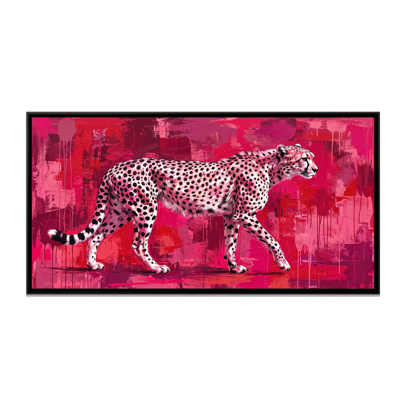 Cheetah Walking on a Crimson Ground - framed canvas print, front view