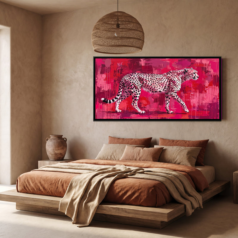 Cheetah Walking on a Crimson Ground - canvas art shown in a second room setting