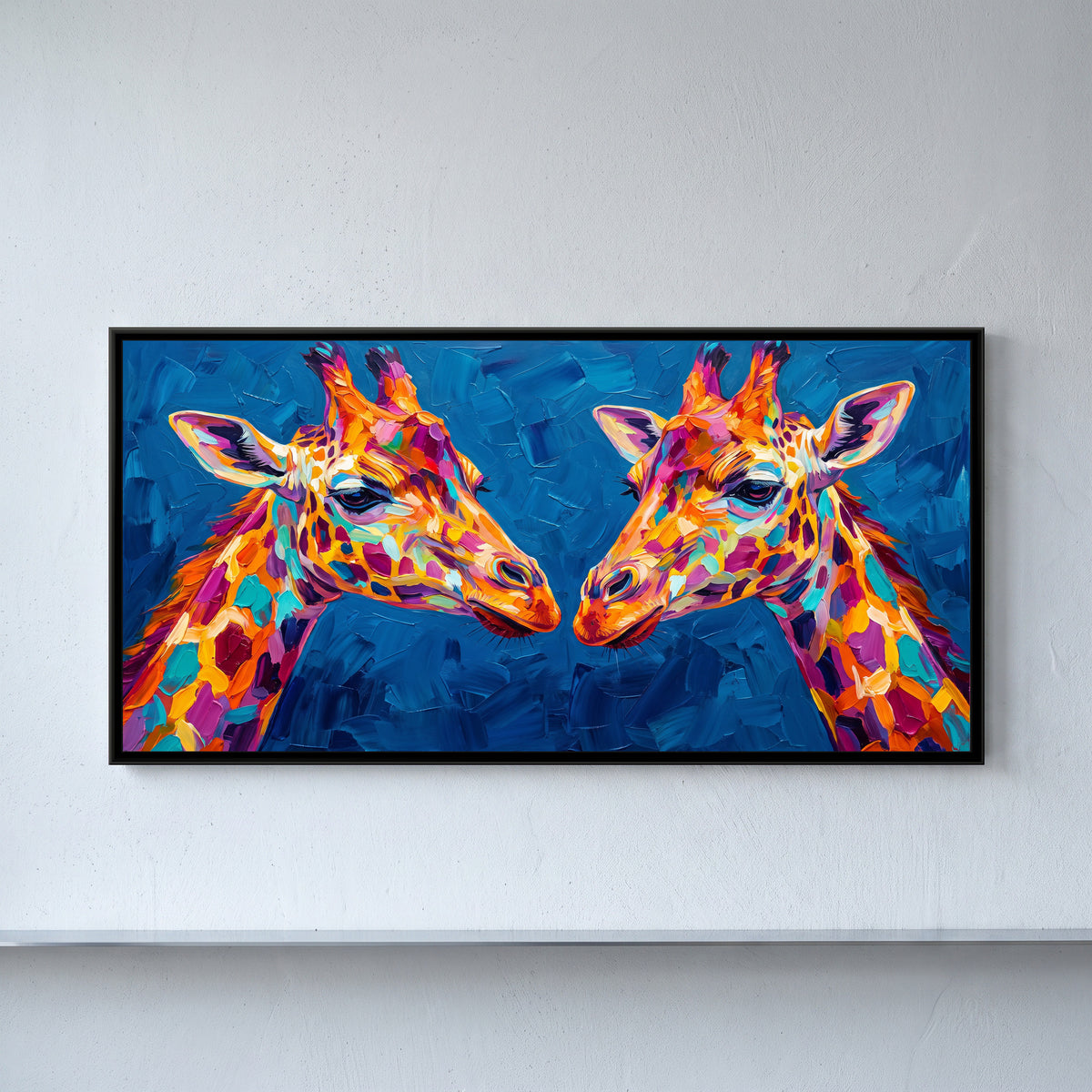 Giraffe Pair in Prismatic Colour - framed canvas art hung on a wall