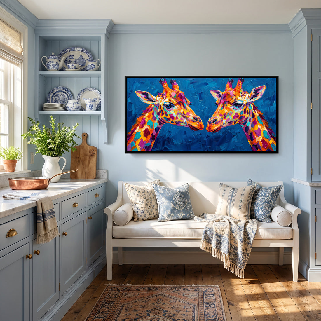 A Kolorkaari canvas in a floater frame, in a room