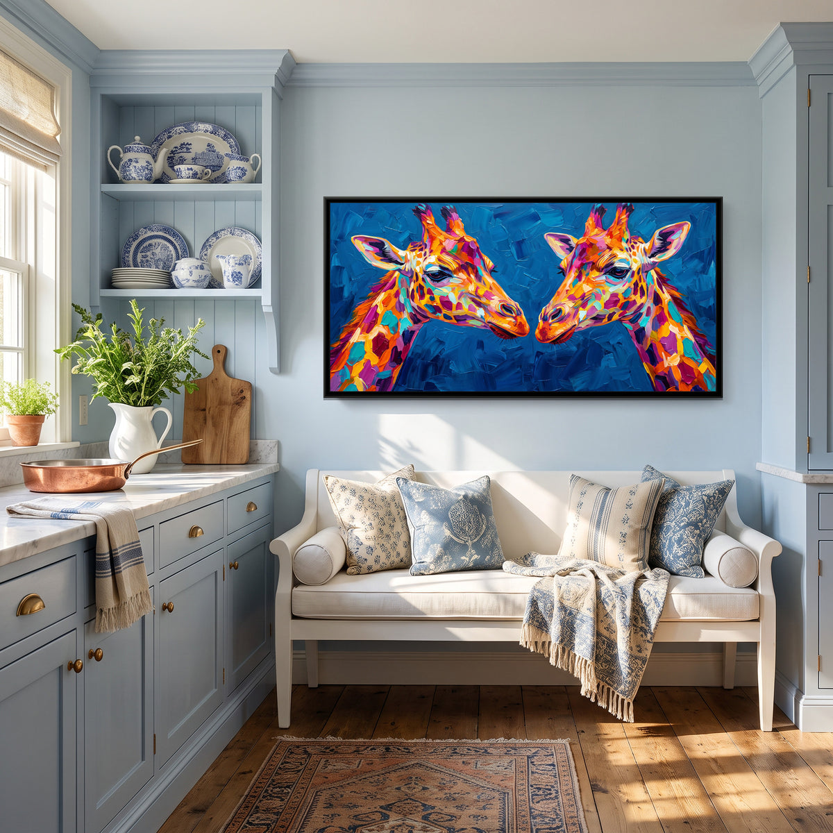 Giraffe Pair in Prismatic Colour - canvas art shown in a styled room