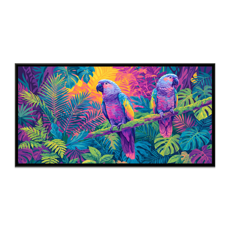 Parrot Pair in a Neon Jungle - framed canvas print, front view