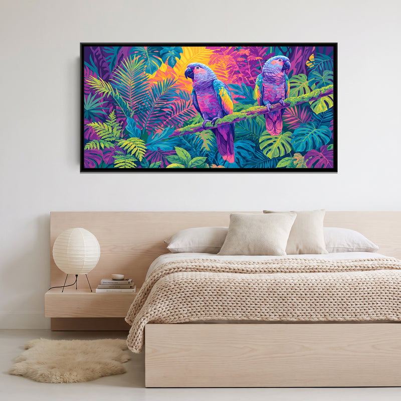 Parrot Pair in a Neon Jungle - canvas art shown in a styled room