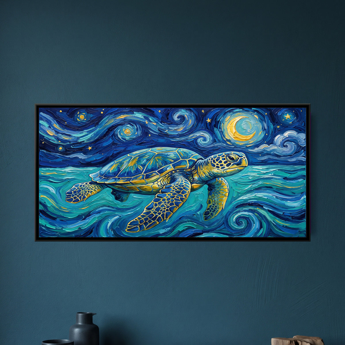 Sea Turtle Gliding under a Swirling Starry Sky - framed canvas art hung on a wall
